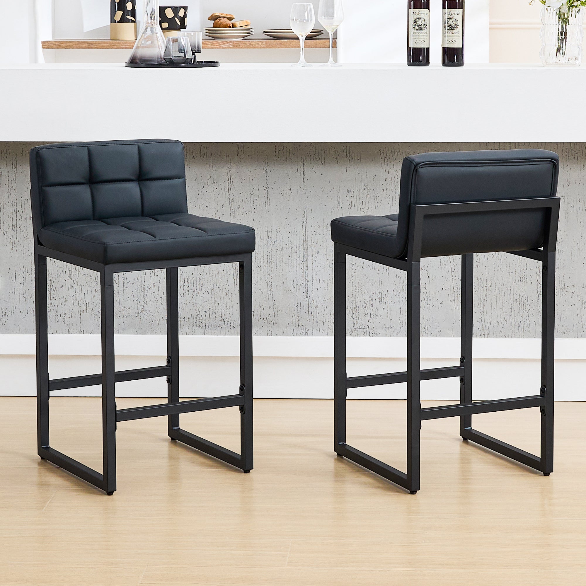 FIRAVOE Bar Stools Set of 2, PU Leather Counter Height Barstools with Low Back and Thickened Metal Legs, 26 Inch Modern Island Chairs for Kitchen Island, Bar, Counter