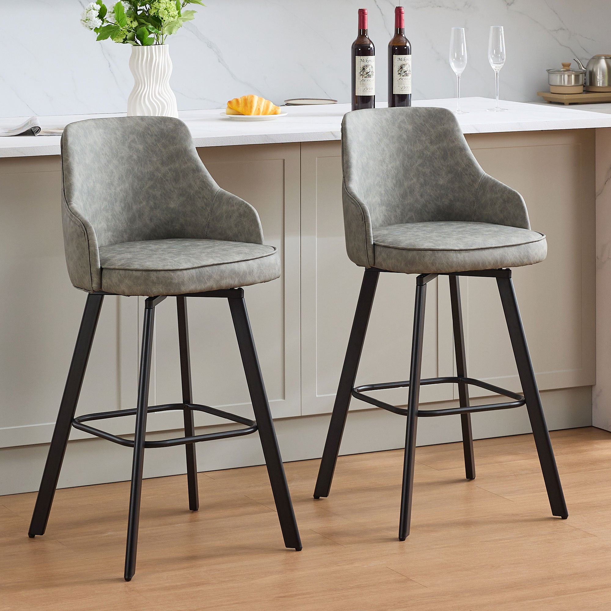 FIRAVOE Bar Stools Set of 2, 26" Swivel Counter Height Bar Stools with High Back, Faux Leather Kitchen Barstools Counter Height for Kitchen Island