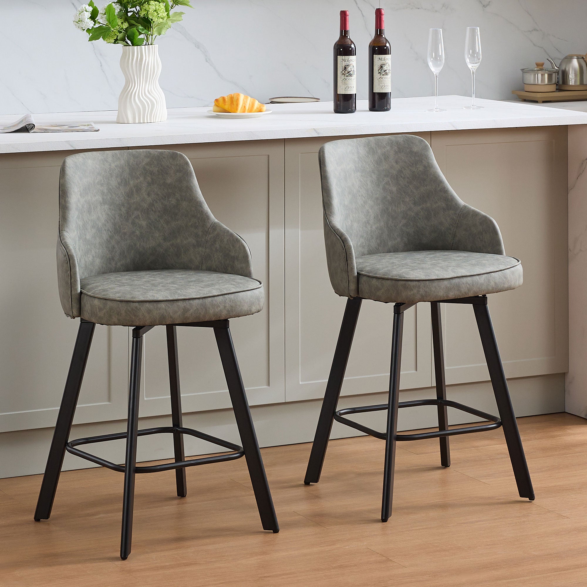 FIRAVOE Bar Stools Set of 2, 26" Swivel Counter Height Bar Stools with High Back, Faux Leather Kitchen Barstools Counter Height for Kitchen Island