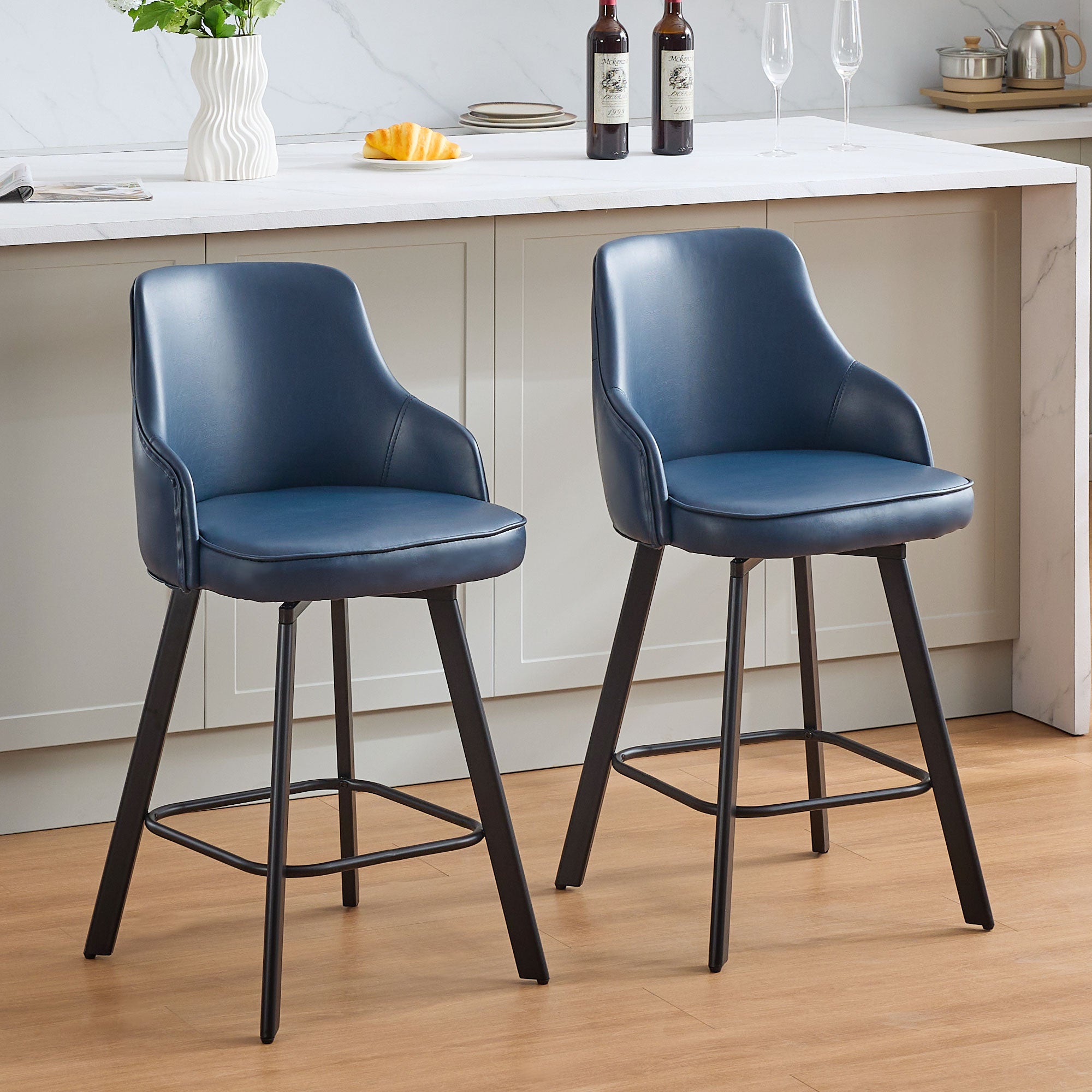 FIRAVOE Bar Stools Set of 2, 26" Swivel Counter Height Bar Stools with High Back, Faux Leather Kitchen Barstools Counter Height for Kitchen Island