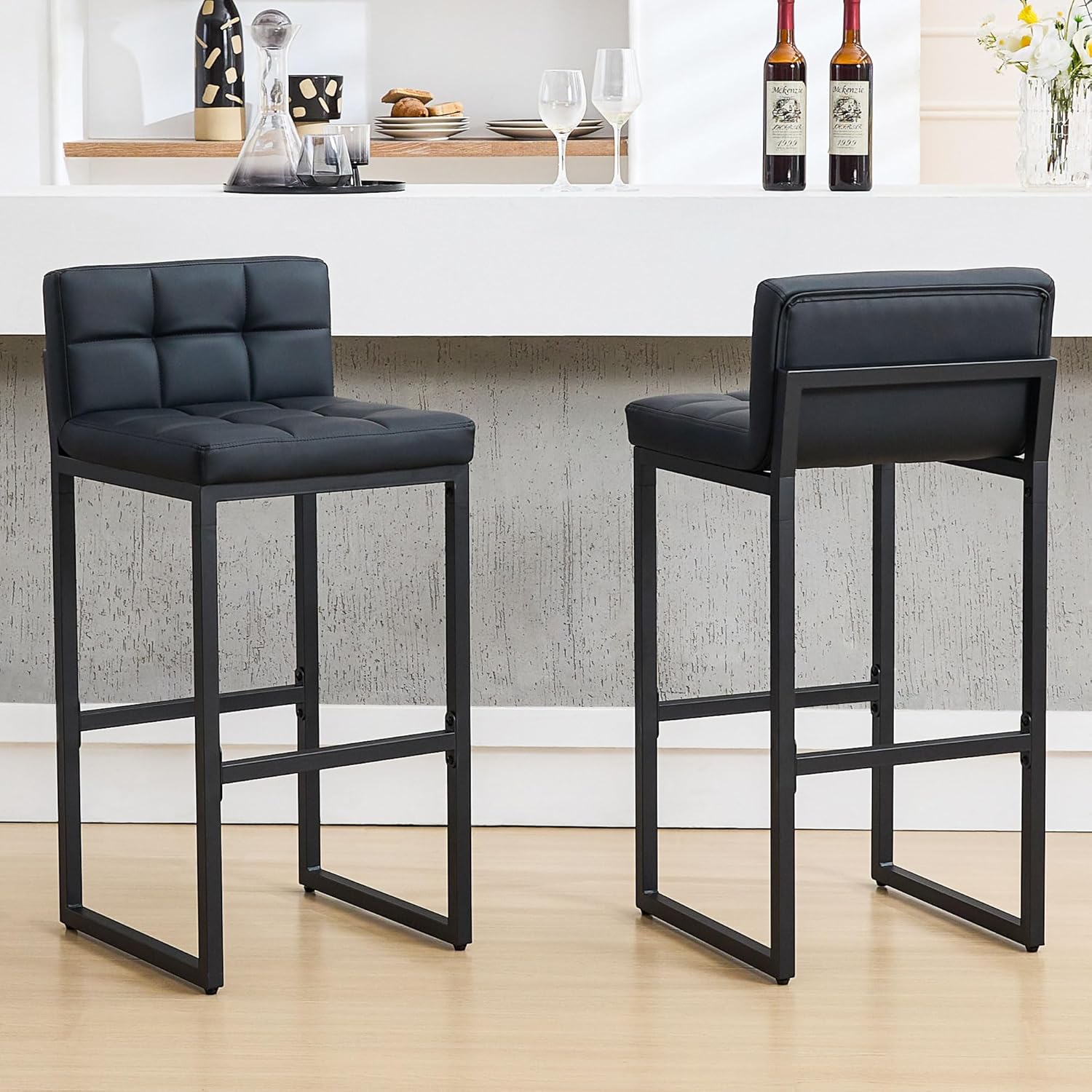 FIRAVOE Bar Stools Set of 2, PU Leather Counter Height Barstools with Low Back and Thickened Metal Legs, 26 Inch Modern Island Chairs for Kitchen Island, Bar, Counter