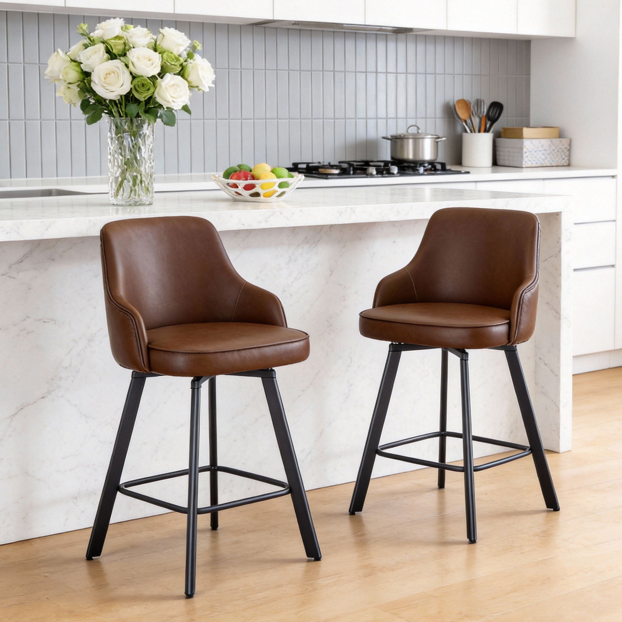 FIRAVOE Bar Stools Set of 2, 26" Swivel Counter Height Bar Stools with High Back, Faux Leather Kitchen Barstools Counter Height for Kitchen Island
