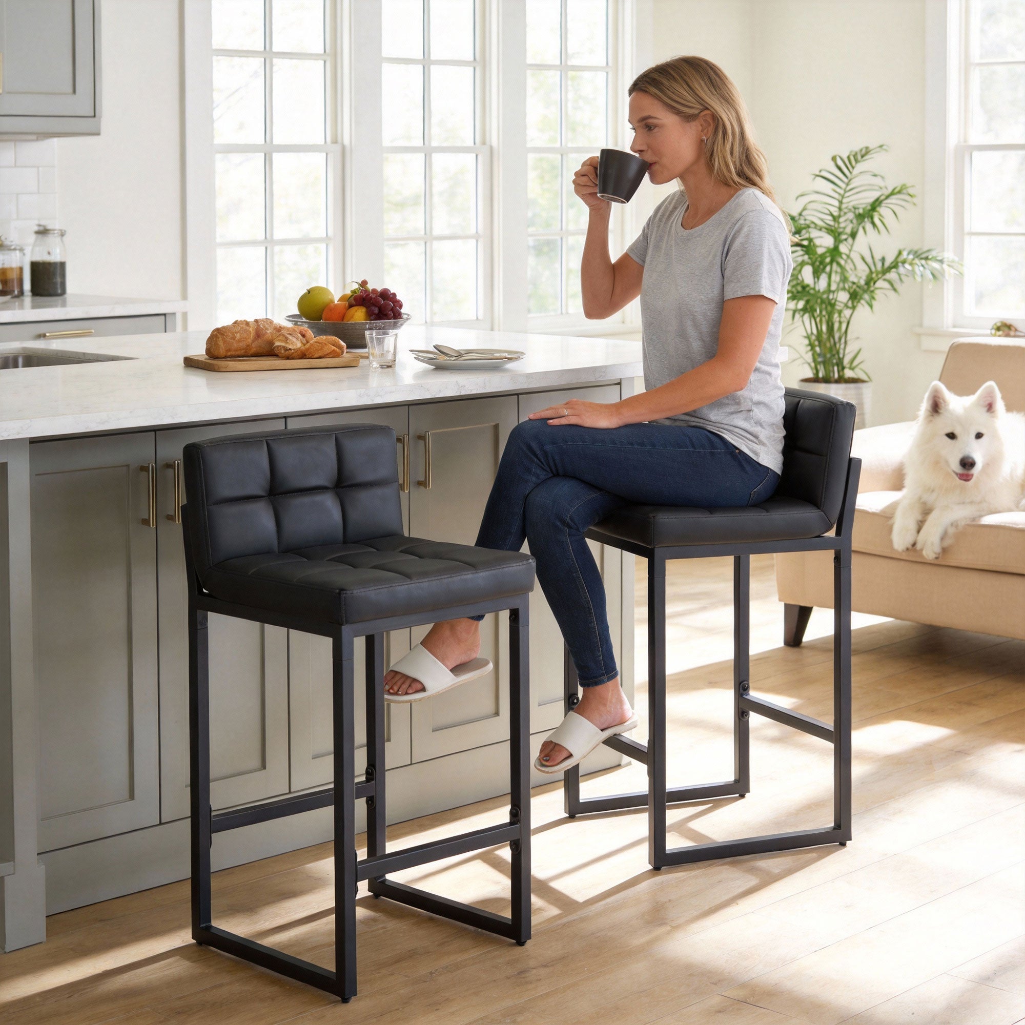 FIRAVOE Bar Stools Set of 2, PU Leather Counter Height Barstools with Low Back and Thickened Metal Legs, 26 Inch Modern Island Chairs for Kitchen Island, Bar, Counter