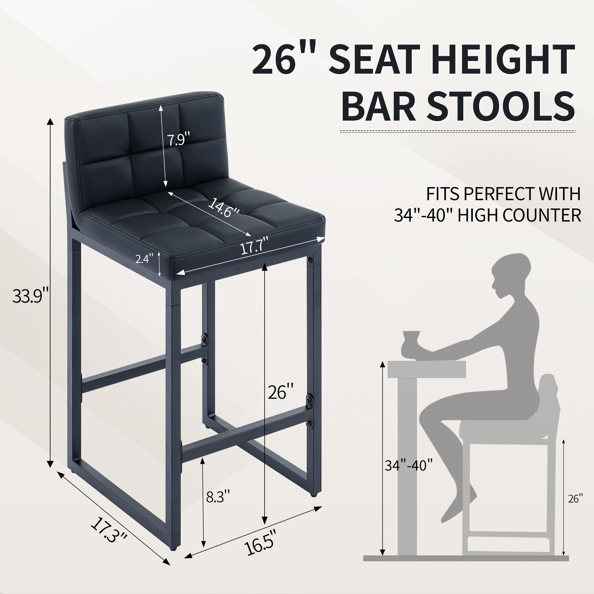 FIRAVOE Bar Stools Set of 2, PU Leather Counter Height Barstools with Low Back and Thickened Metal Legs, 26 Inch Modern Island Chairs for Kitchen Island, Bar, Counter