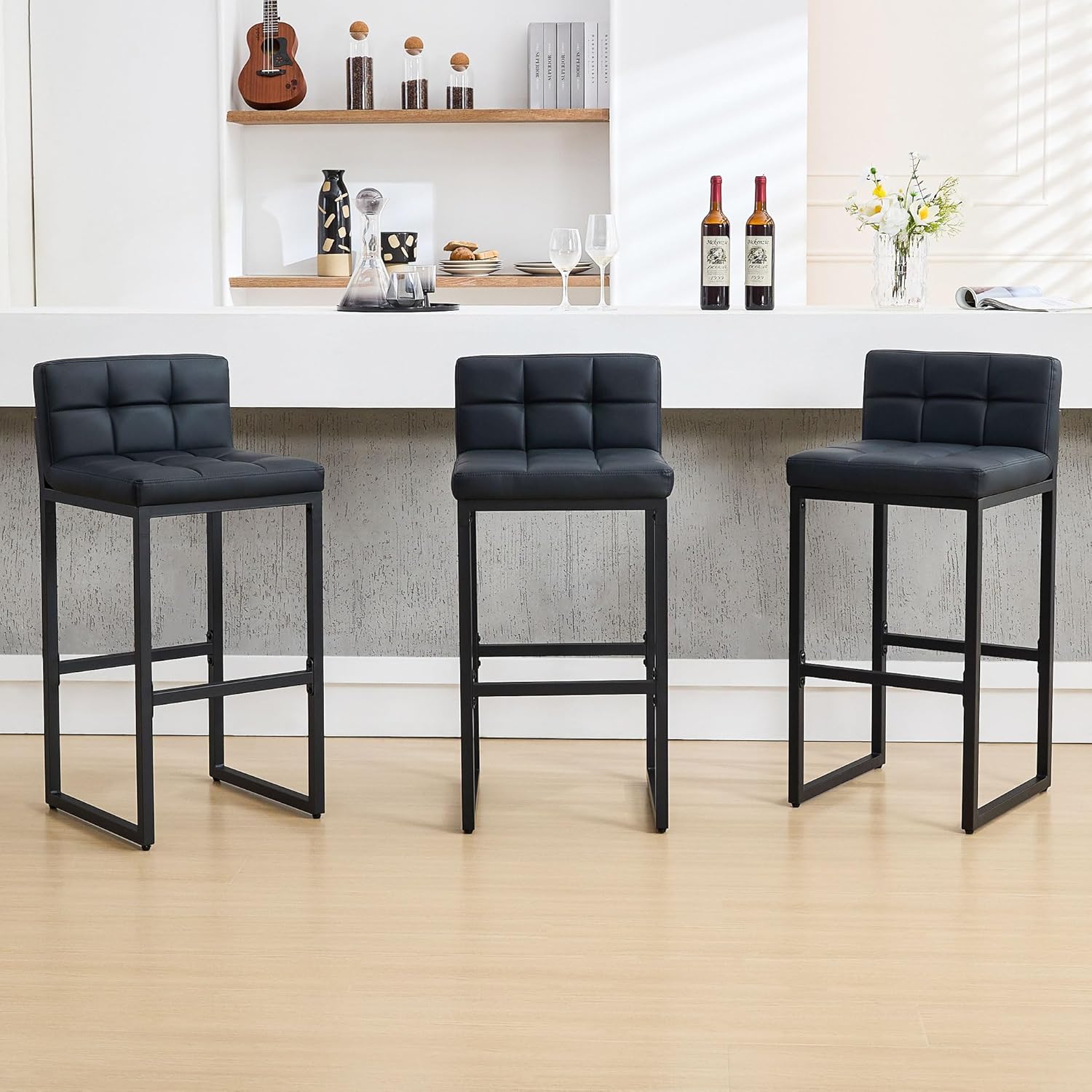 FIRAVOE Bar Stools Set of 2, PU Leather Counter Height Barstools with Low Back and Thickened Metal Legs, 26 Inch Modern Island Chairs for Kitchen Island, Bar, Counter