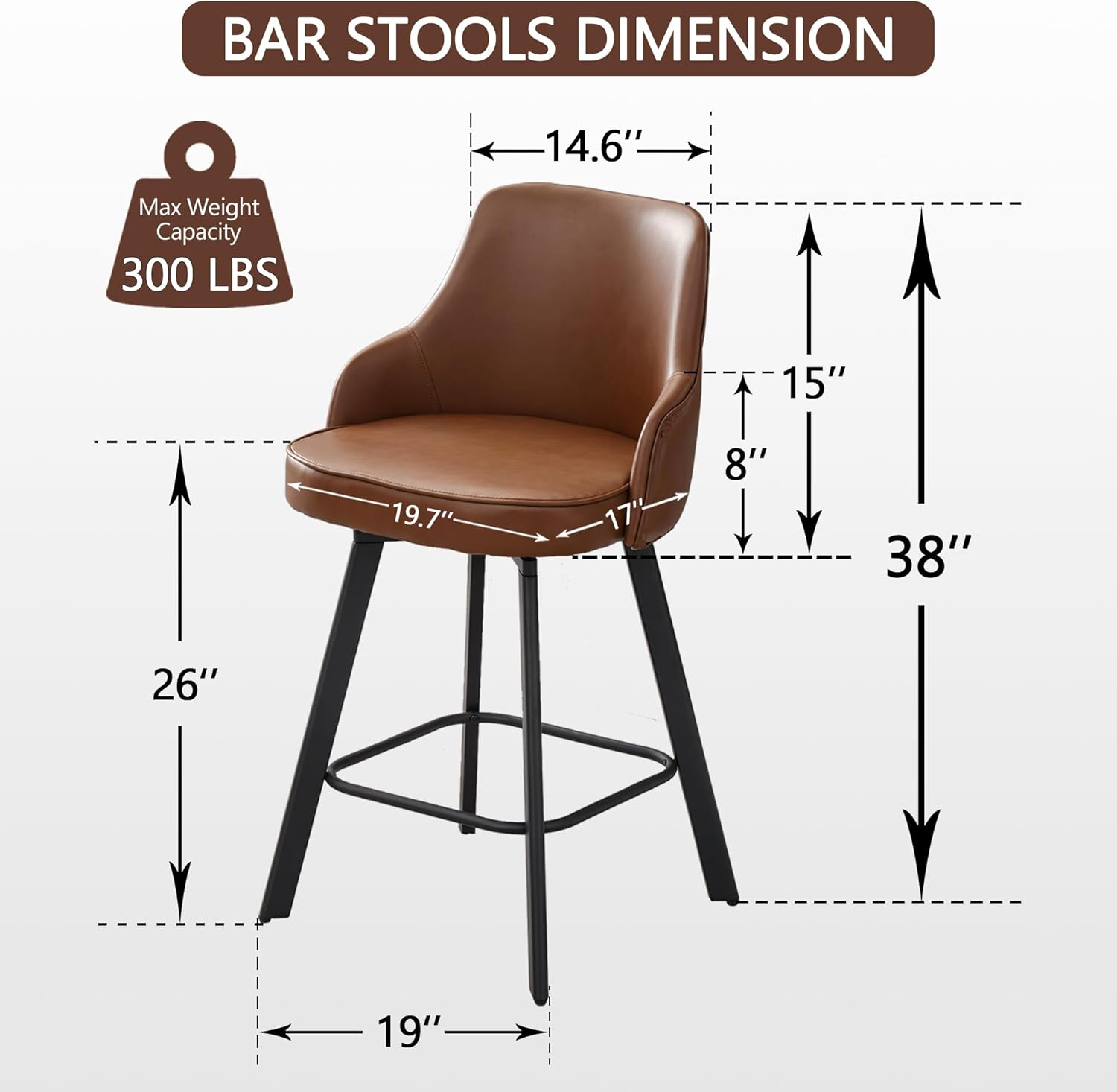FIRAVOE Bar Stools Set of 2, 26" Swivel Counter Height Bar Stools with High Back, Faux Leather Kitchen Barstools Counter Height for Kitchen Island