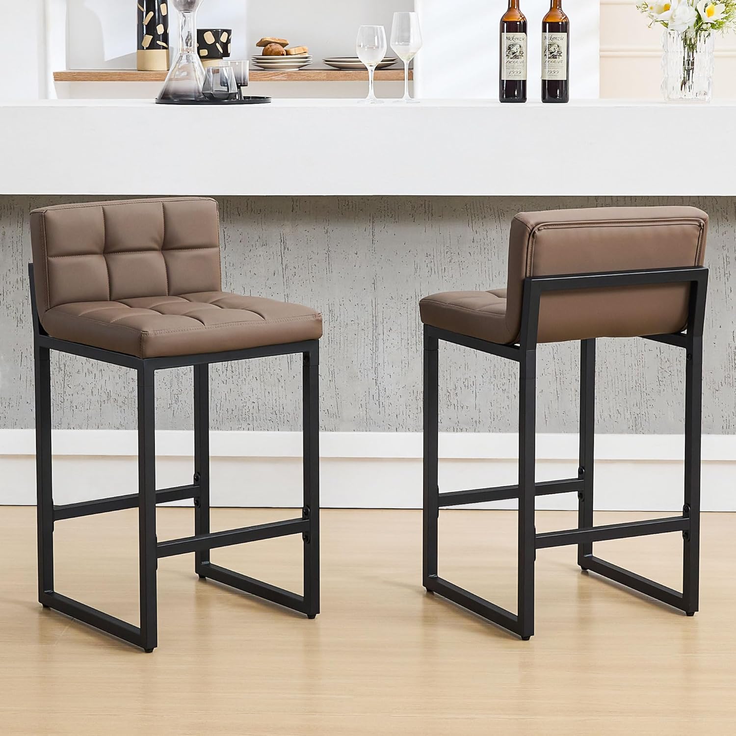 FIRAVOE Bar Stools Set of 2, PU Leather Counter Height Barstools with Low Back and Thickened Metal Legs, 26 Inch Modern Island Chairs for Kitchen Island, Bar, Counter