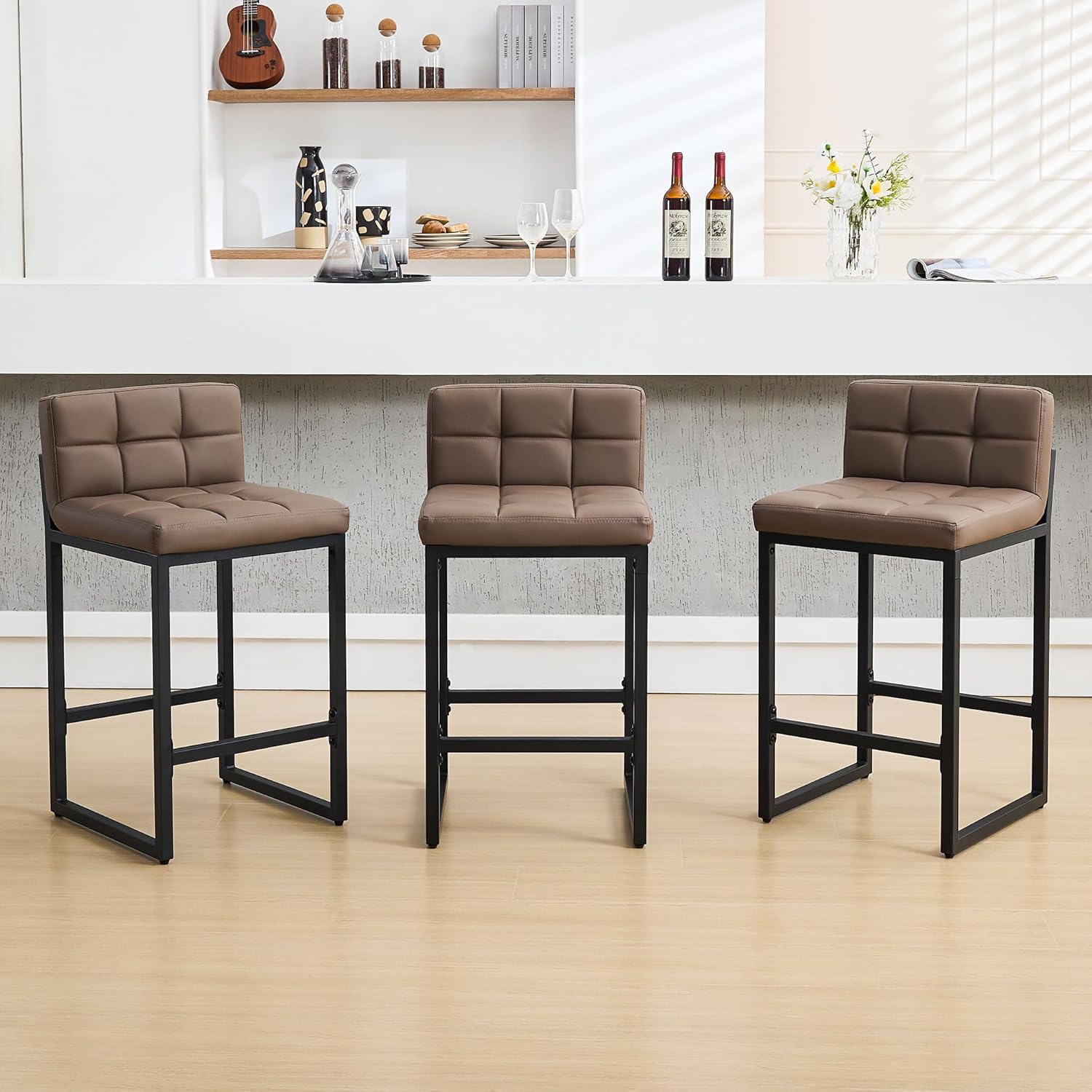 FIRAVOE Bar Stools Set of 2, PU Leather Counter Height Barstools with Low Back and Thickened Metal Legs, 26 Inch Modern Island Chairs for Kitchen Island, Bar, Counter