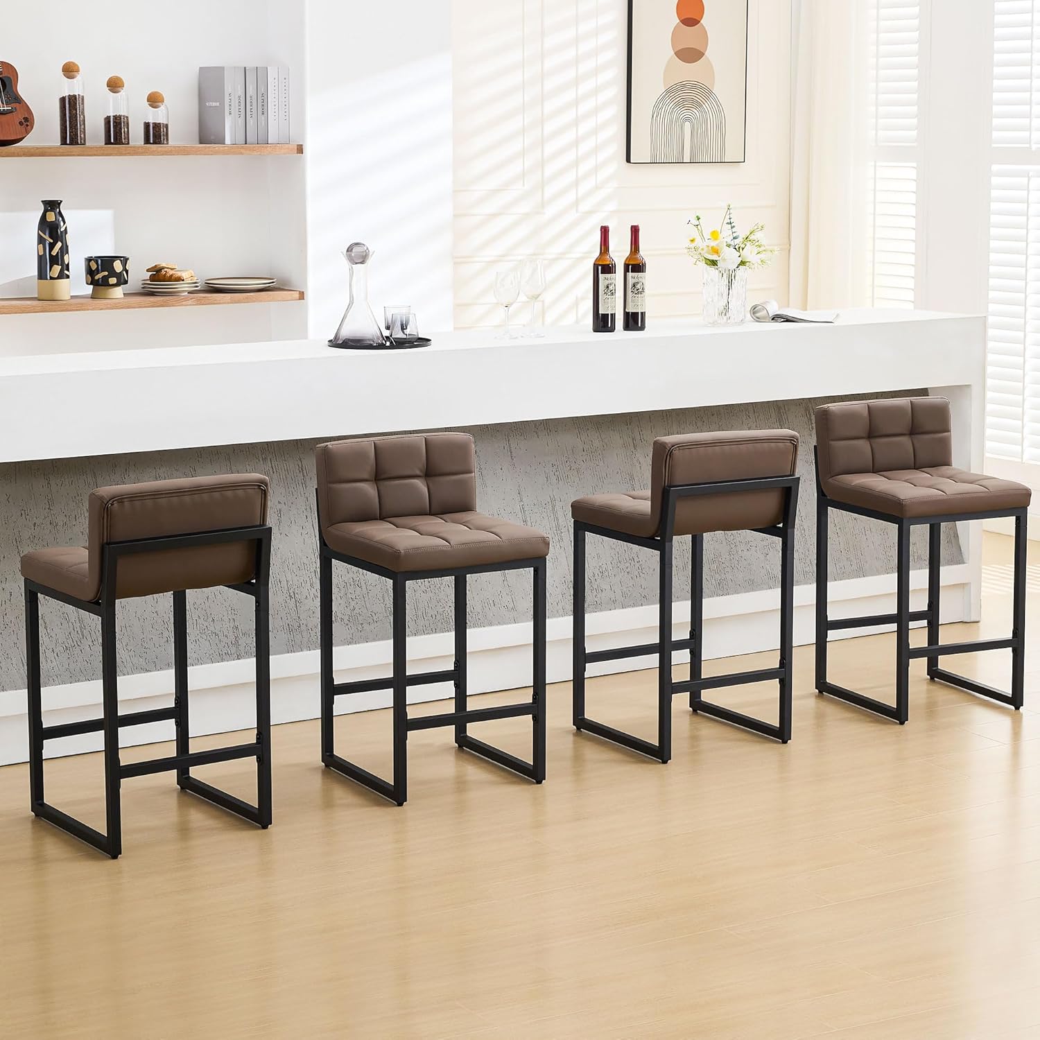 FIRAVOE Bar Stools Set of 2, PU Leather Counter Height Barstools with Low Back and Thickened Metal Legs, 26 Inch Modern Island Chairs for Kitchen Island, Bar, Counter