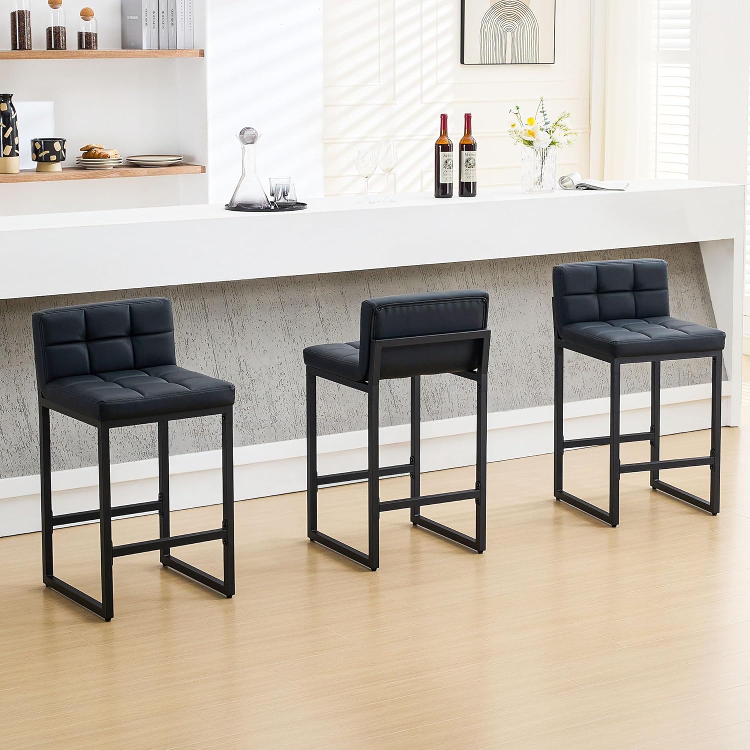 FIRAVOE Bar Stools Set of 2, PU Leather Counter Height Barstools with Low Back and Thickened Metal Legs, 26 Inch Modern Island Chairs for Kitchen Island, Bar, Counter