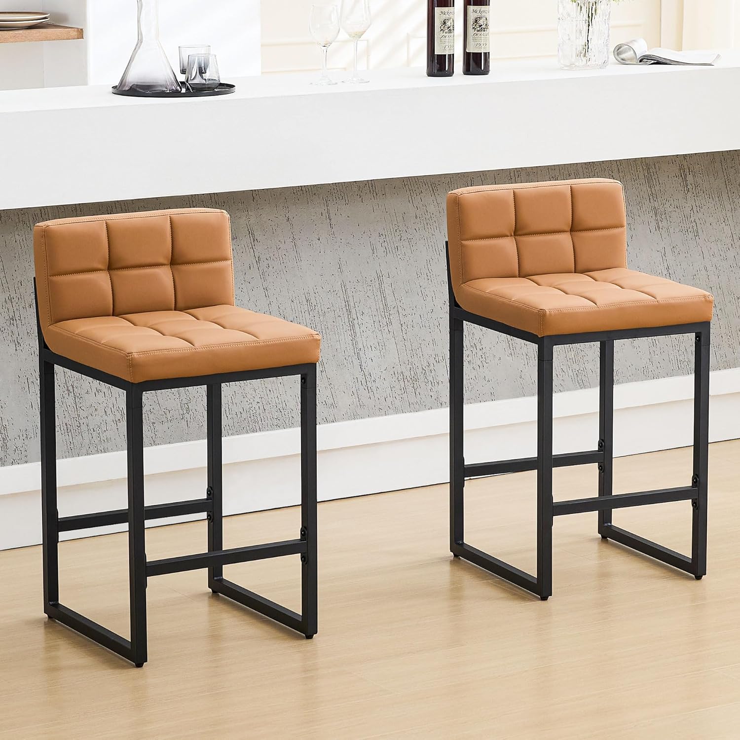 FIRAVOE Bar Stools Set of 2, PU Leather Counter Height Barstools with Low Back and Thickened Metal Legs, 26 Inch Modern Island Chairs for Kitchen Island, Bar, Counter