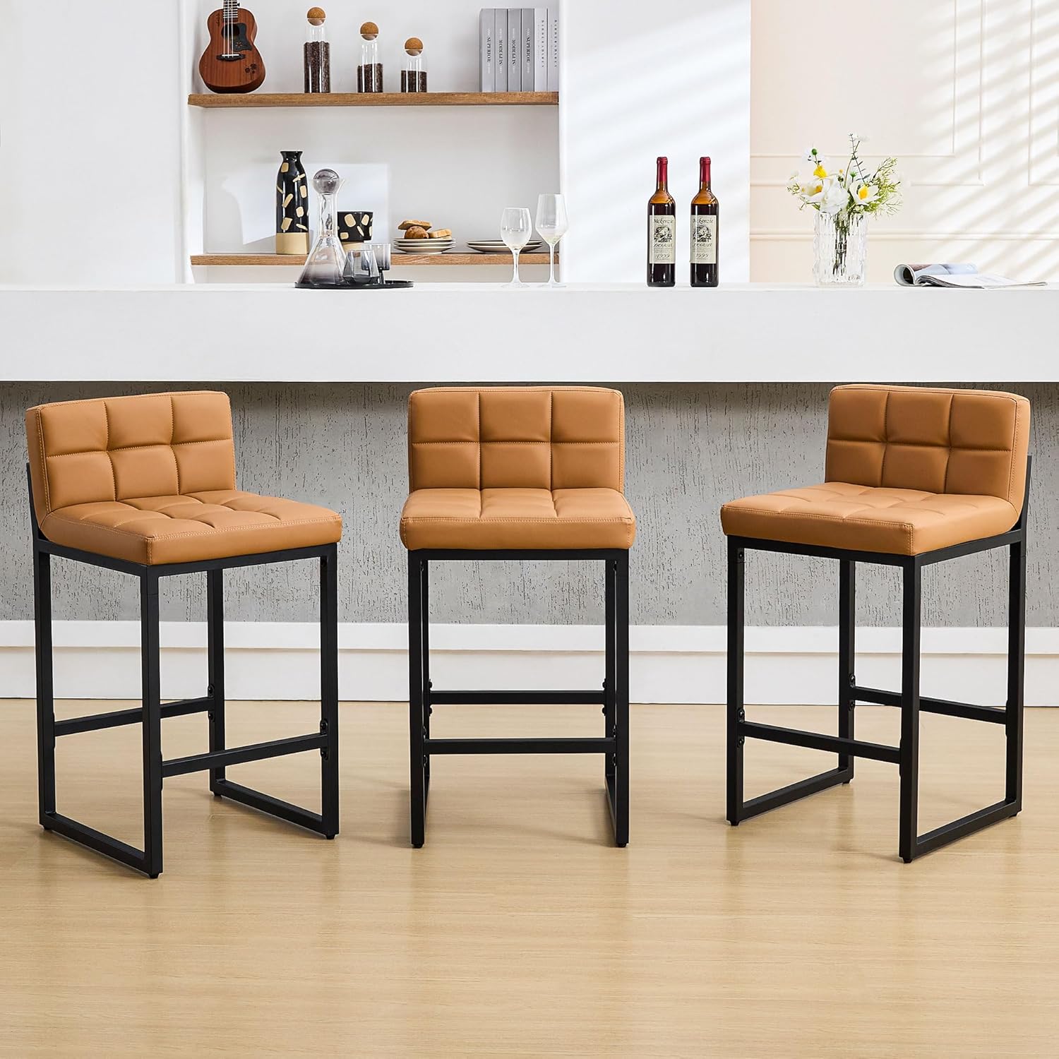 FIRAVOE Bar Stools Set of 2, PU Leather Counter Height Barstools with Low Back and Thickened Metal Legs, 26 Inch Modern Island Chairs for Kitchen Island, Bar, Counter