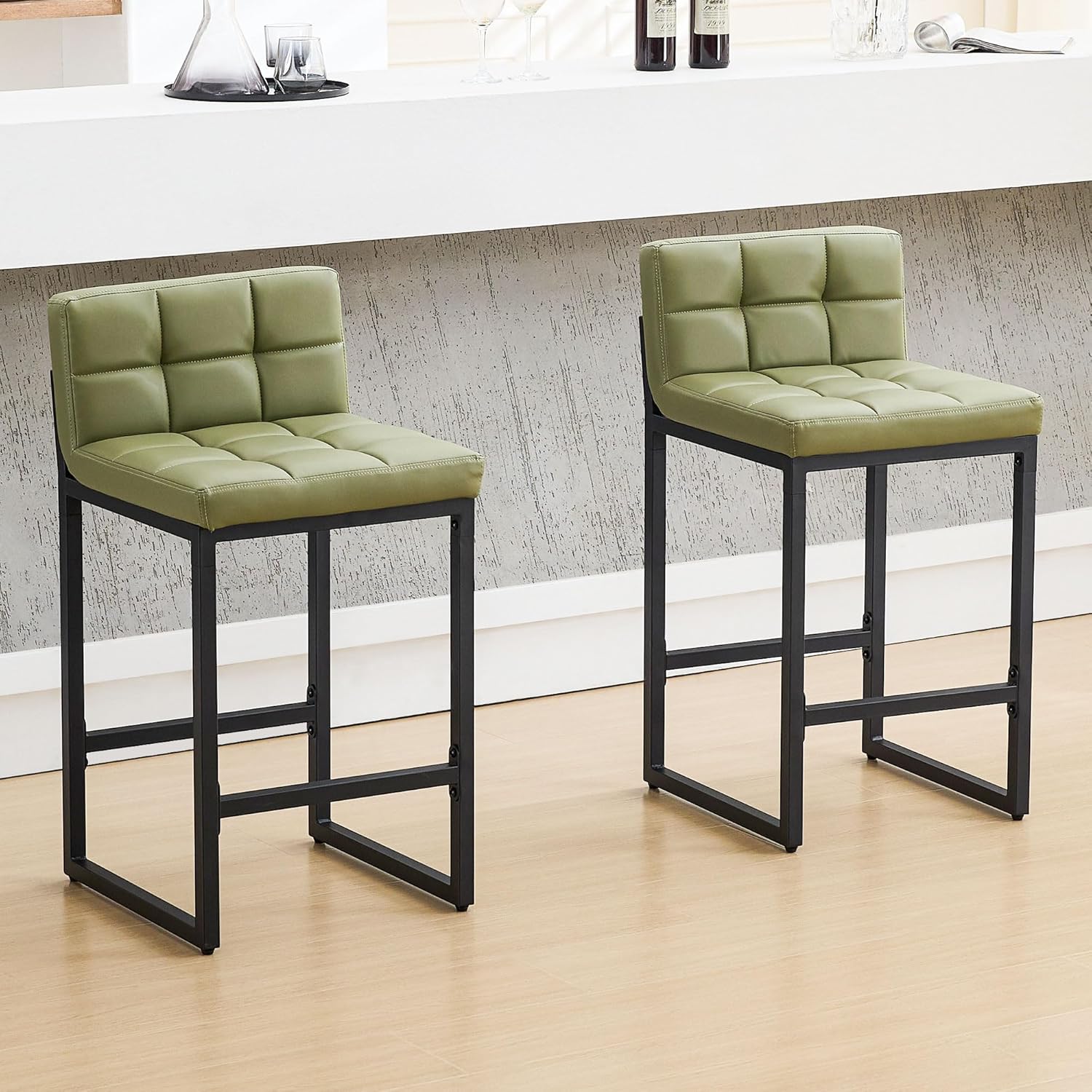 FIRAVOE Bar Stools Set of 2, PU Leather Counter Height Barstools with Low Back and Thickened Metal Legs, 26 Inch Modern Island Chairs for Kitchen Island, Bar, Counter