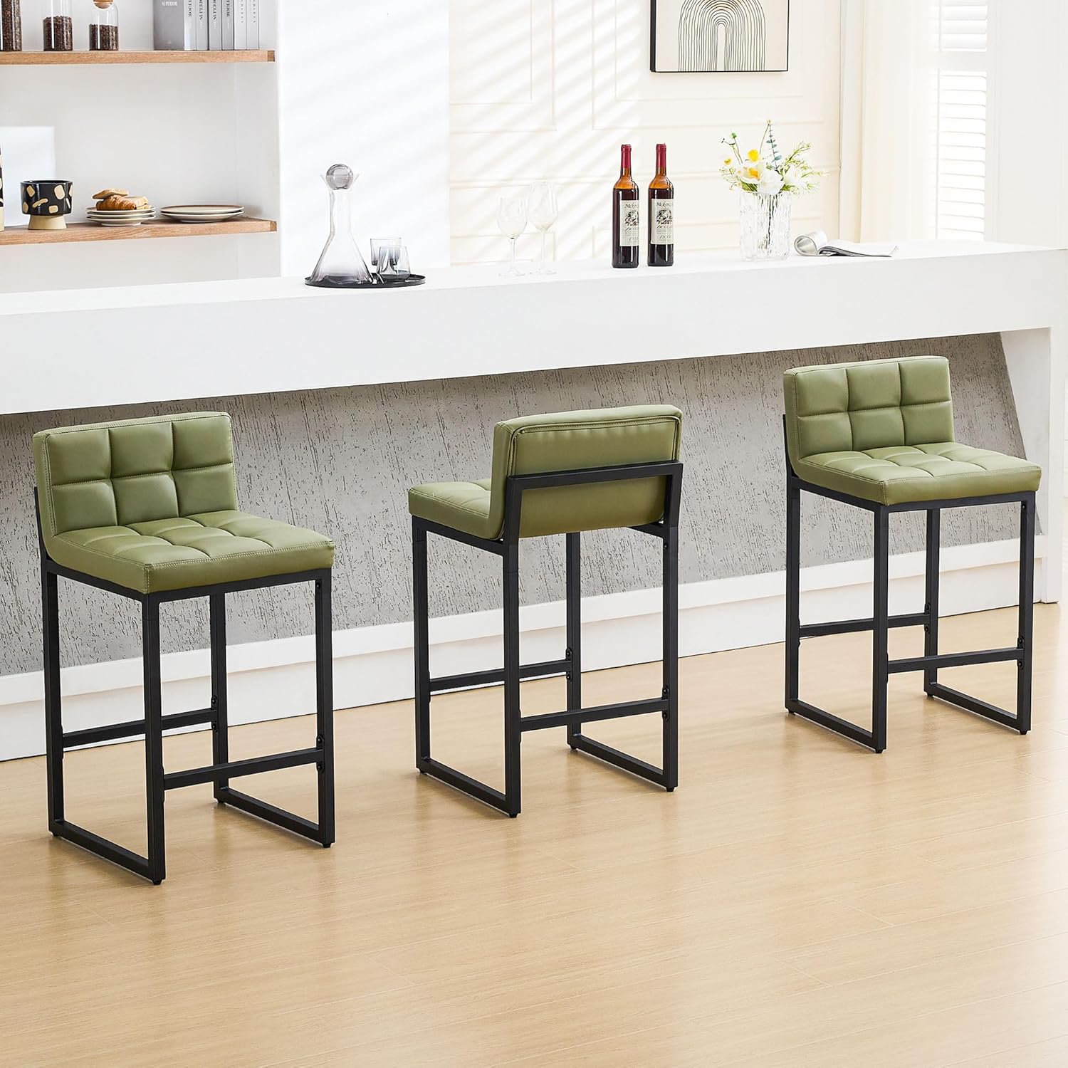 FIRAVOE Bar Stools Set of 2, PU Leather Counter Height Barstools with Low Back and Thickened Metal Legs, 26 Inch Modern Island Chairs for Kitchen Island, Bar, Counter
