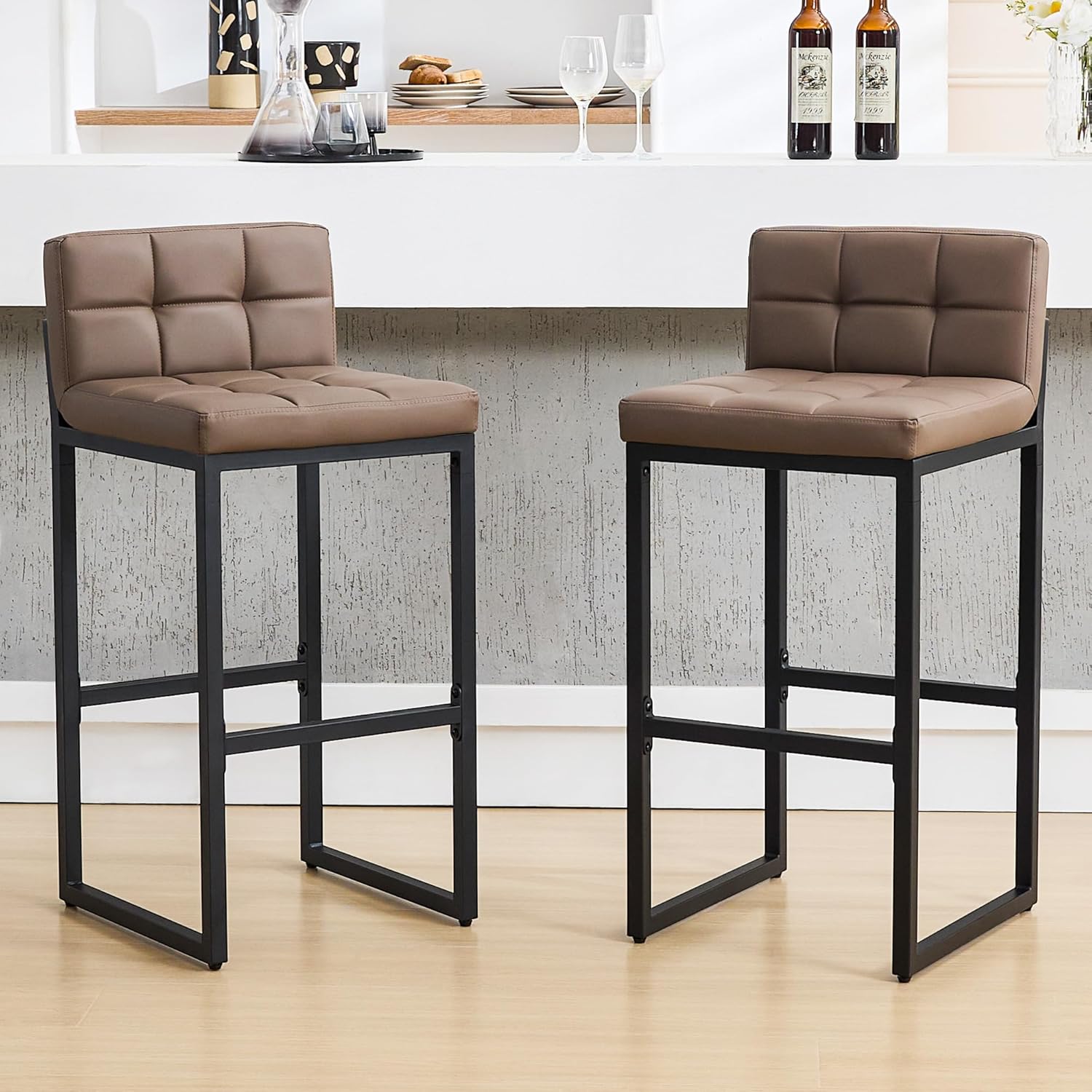 FIRAVOE Bar Stools Set of 2, PU Leather Counter Height Barstools with Low Back and Thickened Metal Legs, 26 Inch Modern Island Chairs for Kitchen Island, Bar, Counter