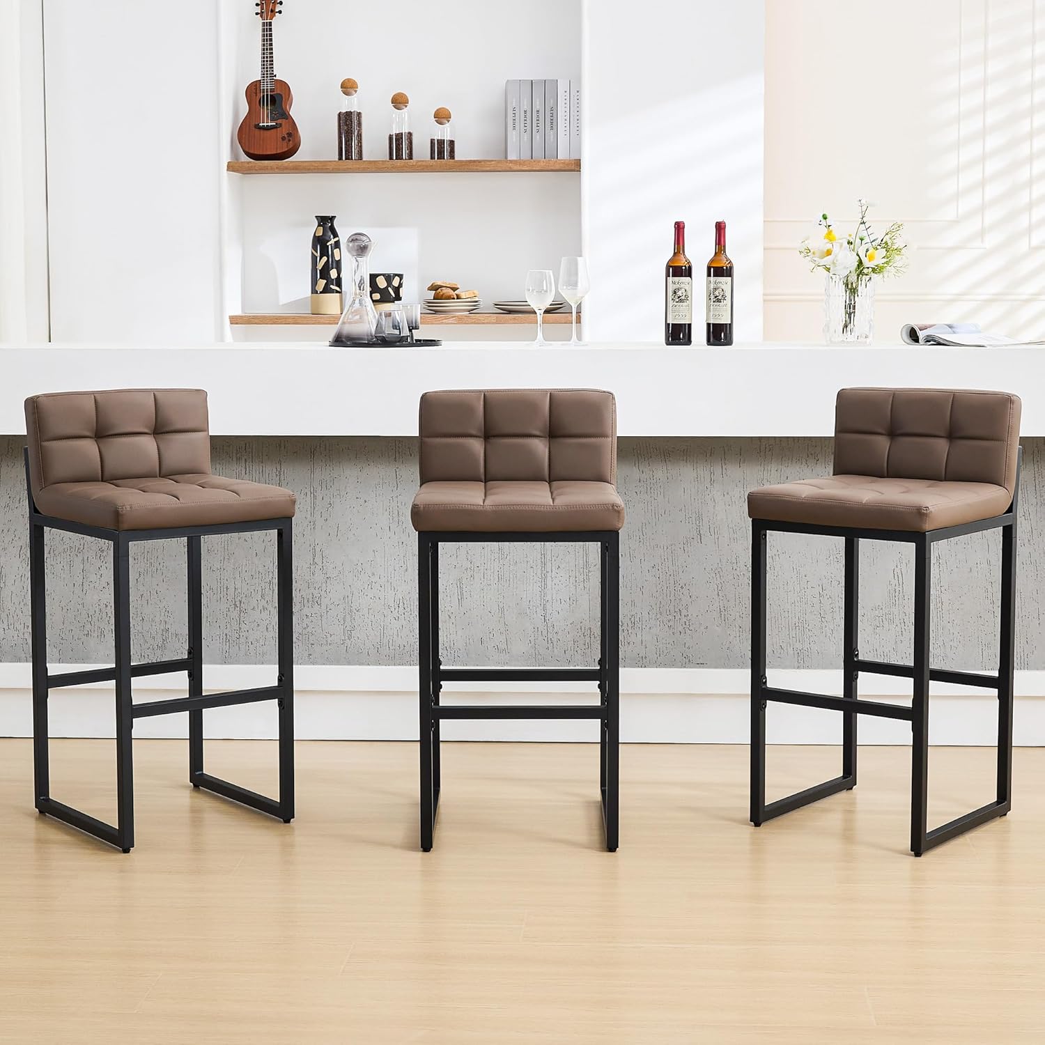 FIRAVOE Bar Stools Set of 2, PU Leather Counter Height Barstools with Low Back and Thickened Metal Legs, 26 Inch Modern Island Chairs for Kitchen Island, Bar, Counter