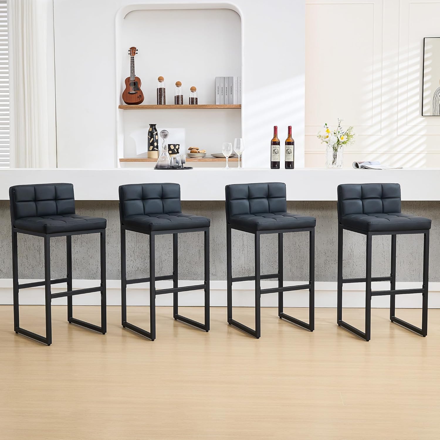 FIRAVOE Bar Stools Set of 2, PU Leather Counter Height Barstools with Low Back and Thickened Metal Legs, 26 Inch Modern Island Chairs for Kitchen Island, Bar, Counter