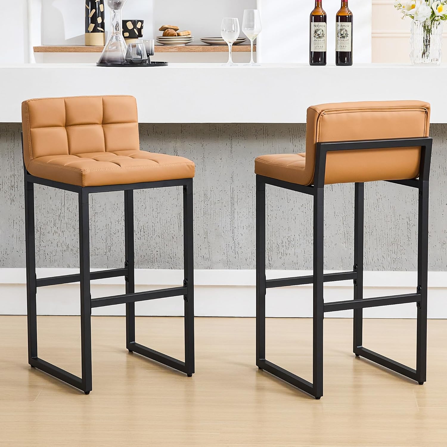 FIRAVOE Bar Stools Set of 2, PU Leather Counter Height Barstools with Low Back and Thickened Metal Legs, 26 Inch Modern Island Chairs for Kitchen Island, Bar, Counter