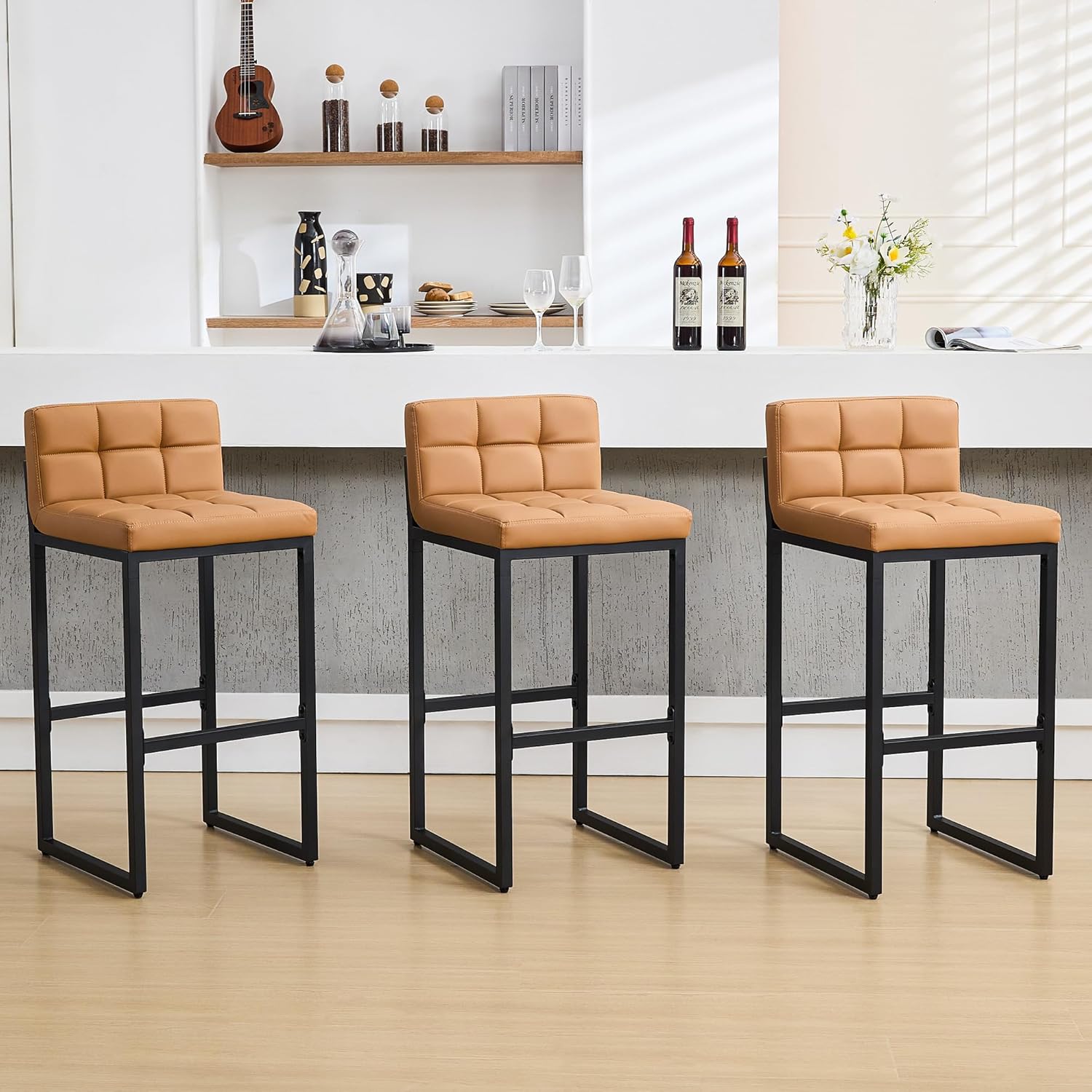 FIRAVOE Bar Stools Set of 2, PU Leather Counter Height Barstools with Low Back and Thickened Metal Legs, 26 Inch Modern Island Chairs for Kitchen Island, Bar, Counter