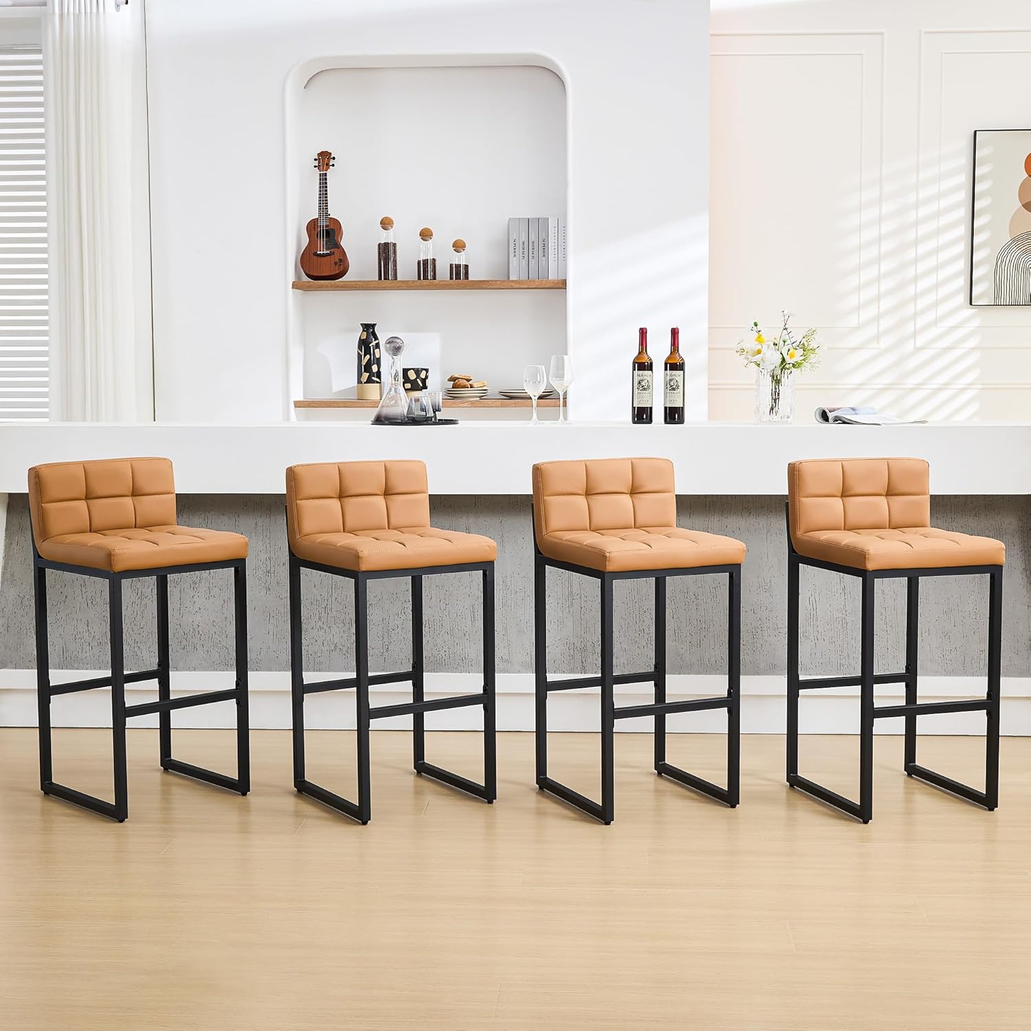 FIRAVOE Bar Stools Set of 2, PU Leather Counter Height Barstools with Low Back and Thickened Metal Legs, 26 Inch Modern Island Chairs for Kitchen Island, Bar, Counter