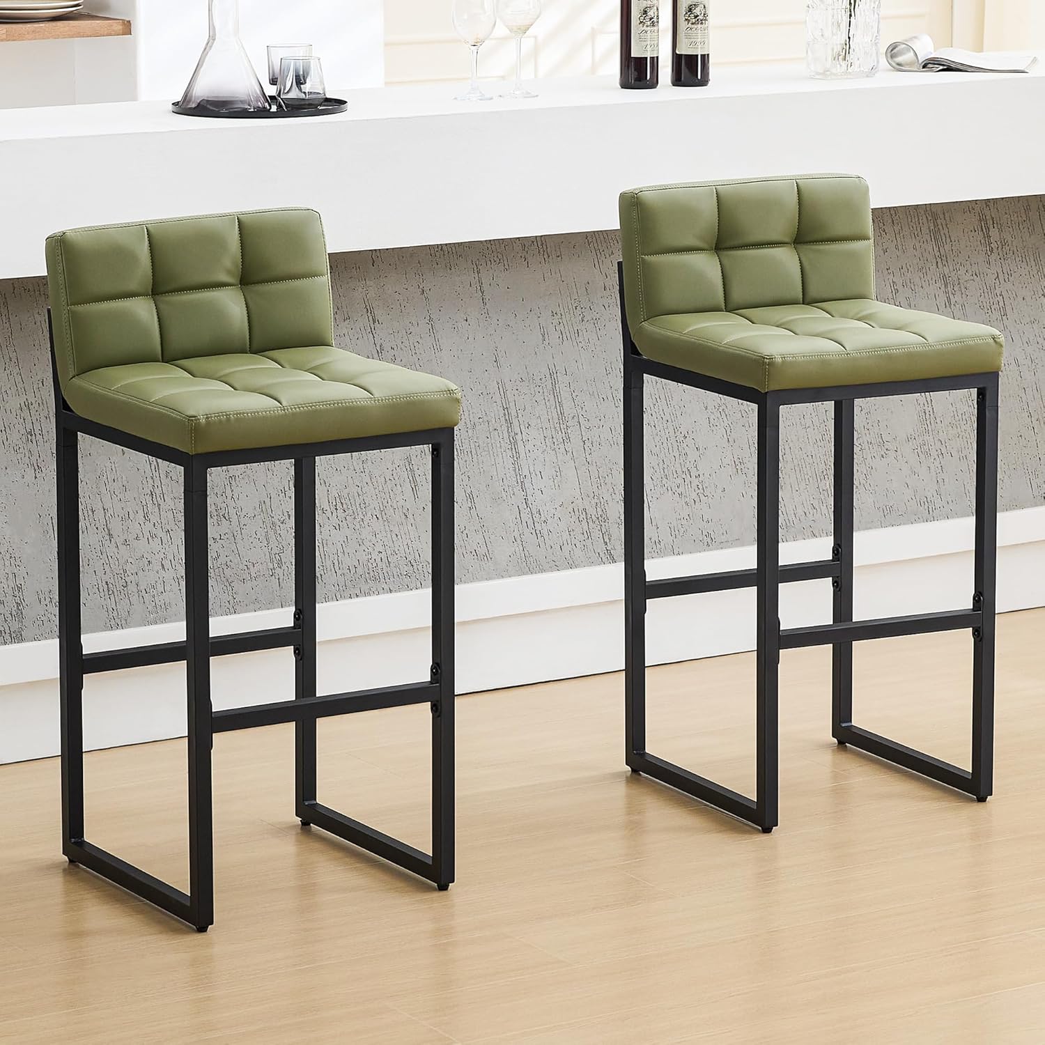 FIRAVOE Bar Stools Set of 2, PU Leather Counter Height Barstools with Low Back and Thickened Metal Legs, 26 Inch Modern Island Chairs for Kitchen Island, Bar, Counter