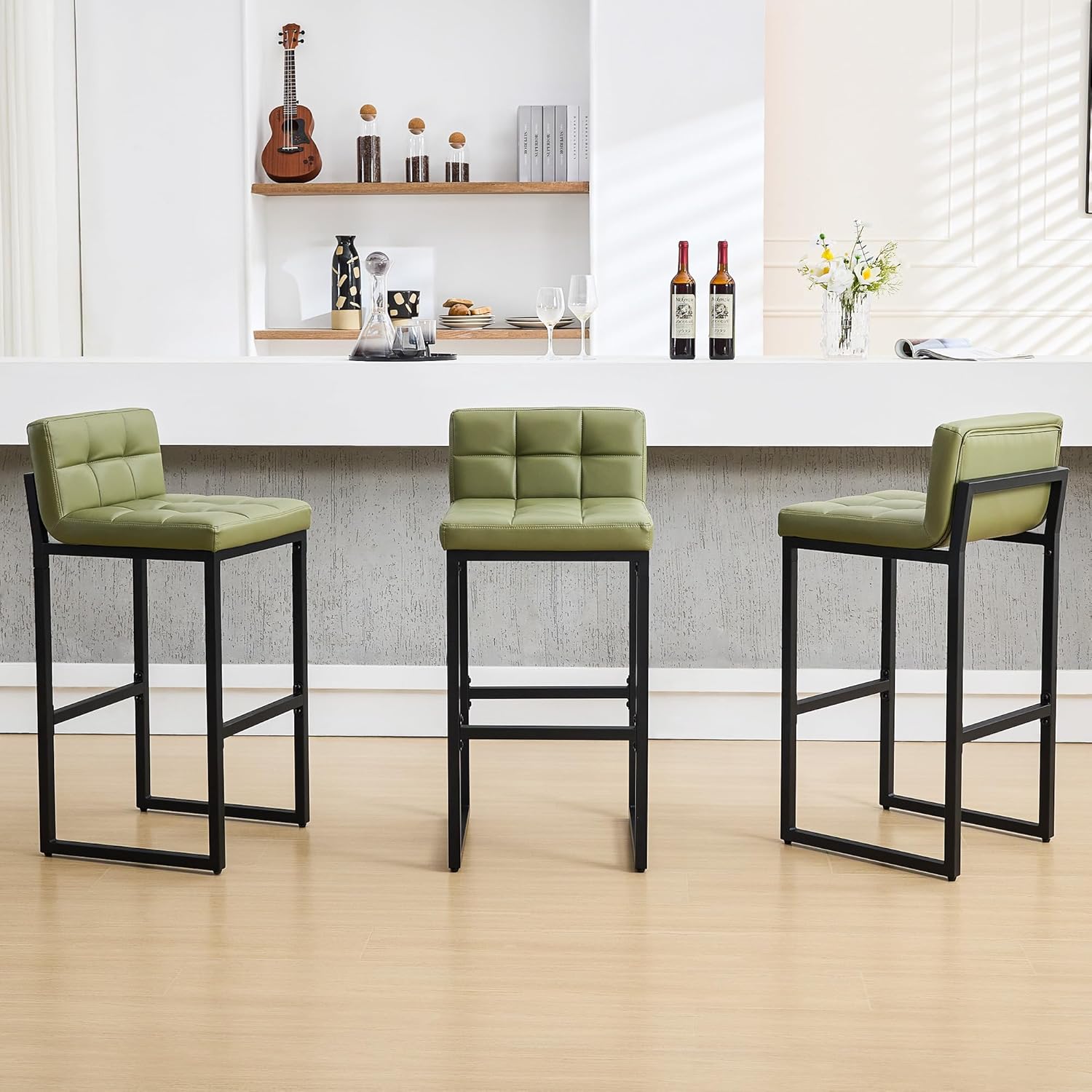 FIRAVOE Bar Stools Set of 2, PU Leather Counter Height Barstools with Low Back and Thickened Metal Legs, 26 Inch Modern Island Chairs for Kitchen Island, Bar, Counter