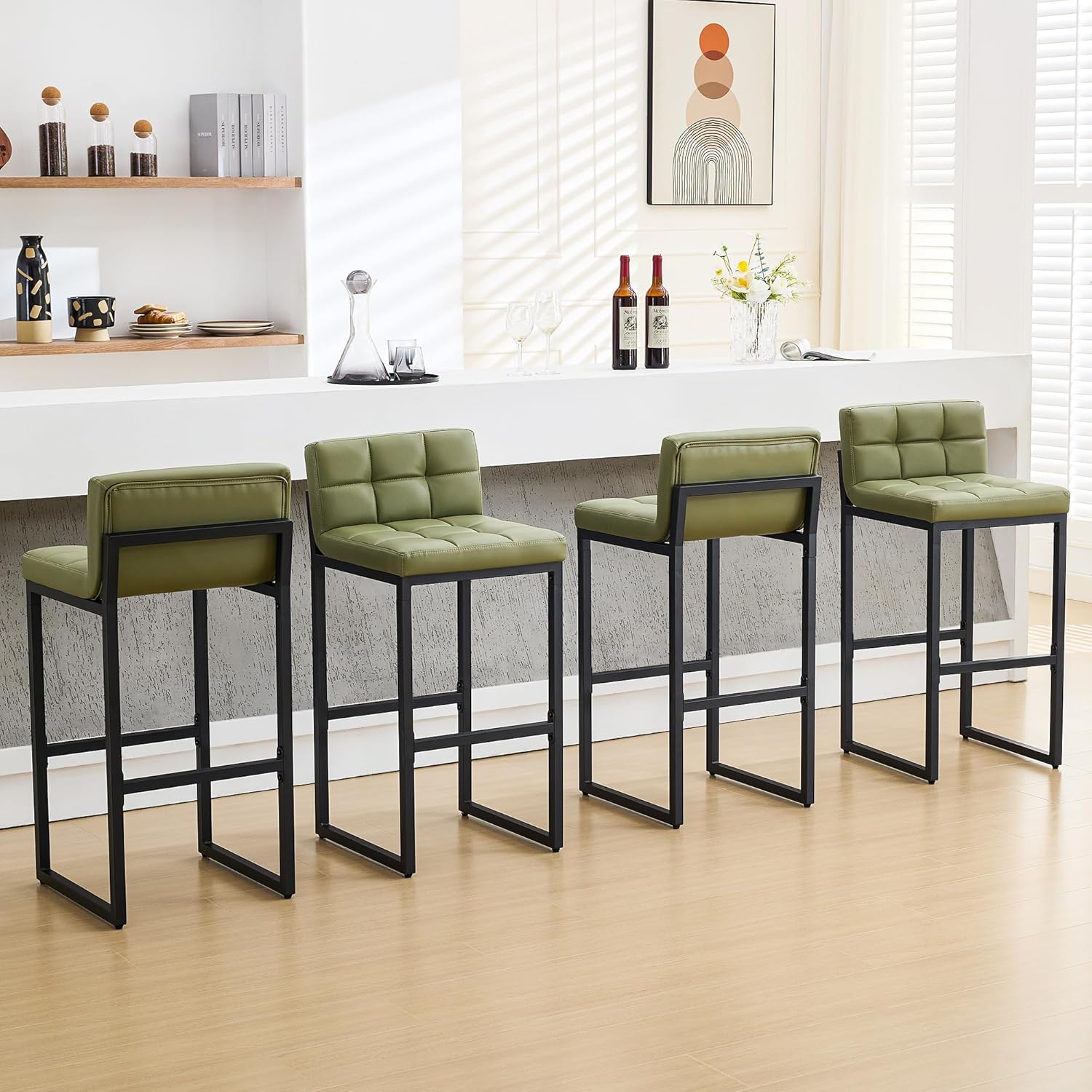 FIRAVOE Bar Stools Set of 2, PU Leather Counter Height Barstools with Low Back and Thickened Metal Legs, 26 Inch Modern Island Chairs for Kitchen Island, Bar, Counter