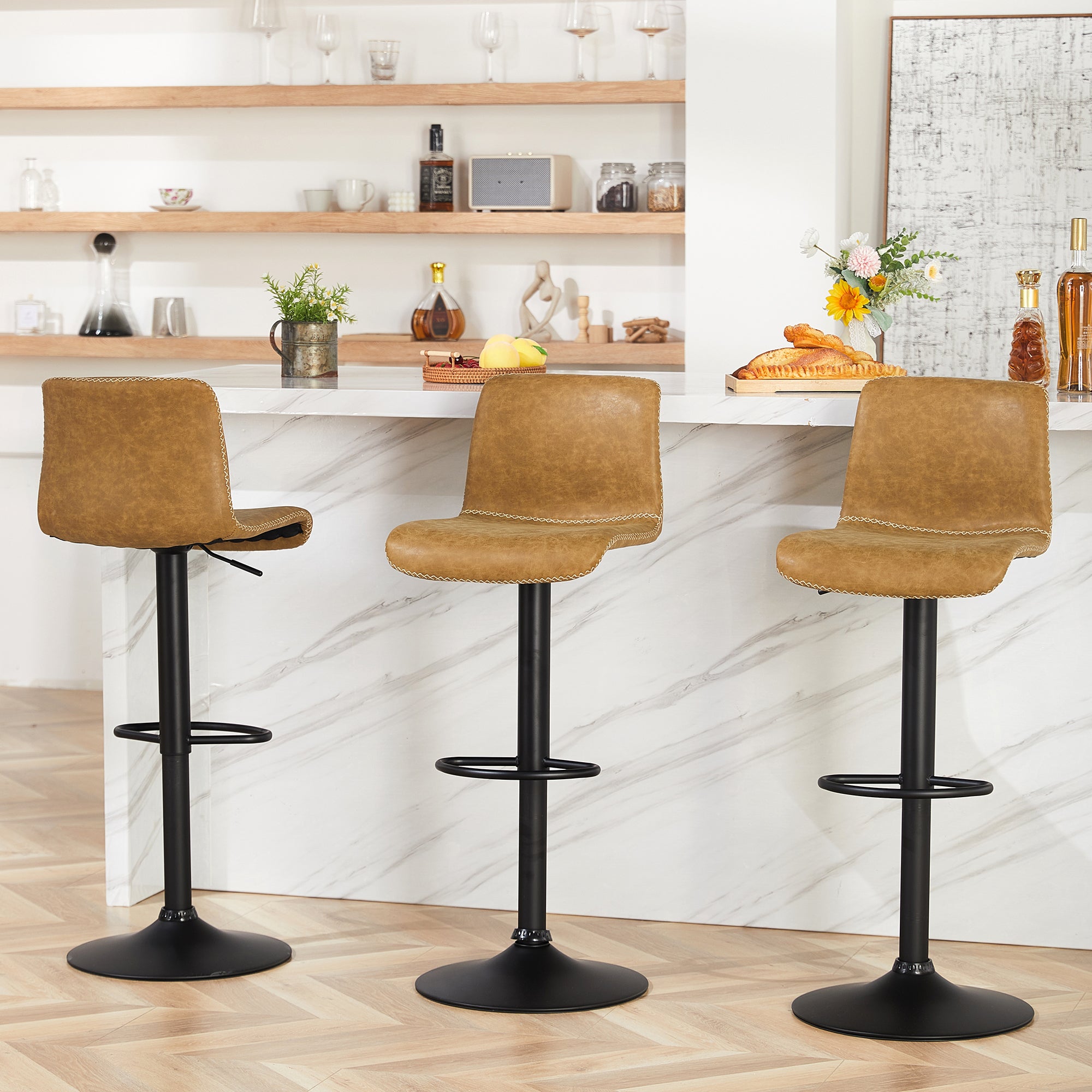 FIRAVOE Swivel Bar Stools Set of 2/3//4/6, Counter Height Bar Stools with Back, Adjustable Bar Stools 24" to 32", Brown Leather Kitchen Barstools Counter Stools Island Bar Chairs