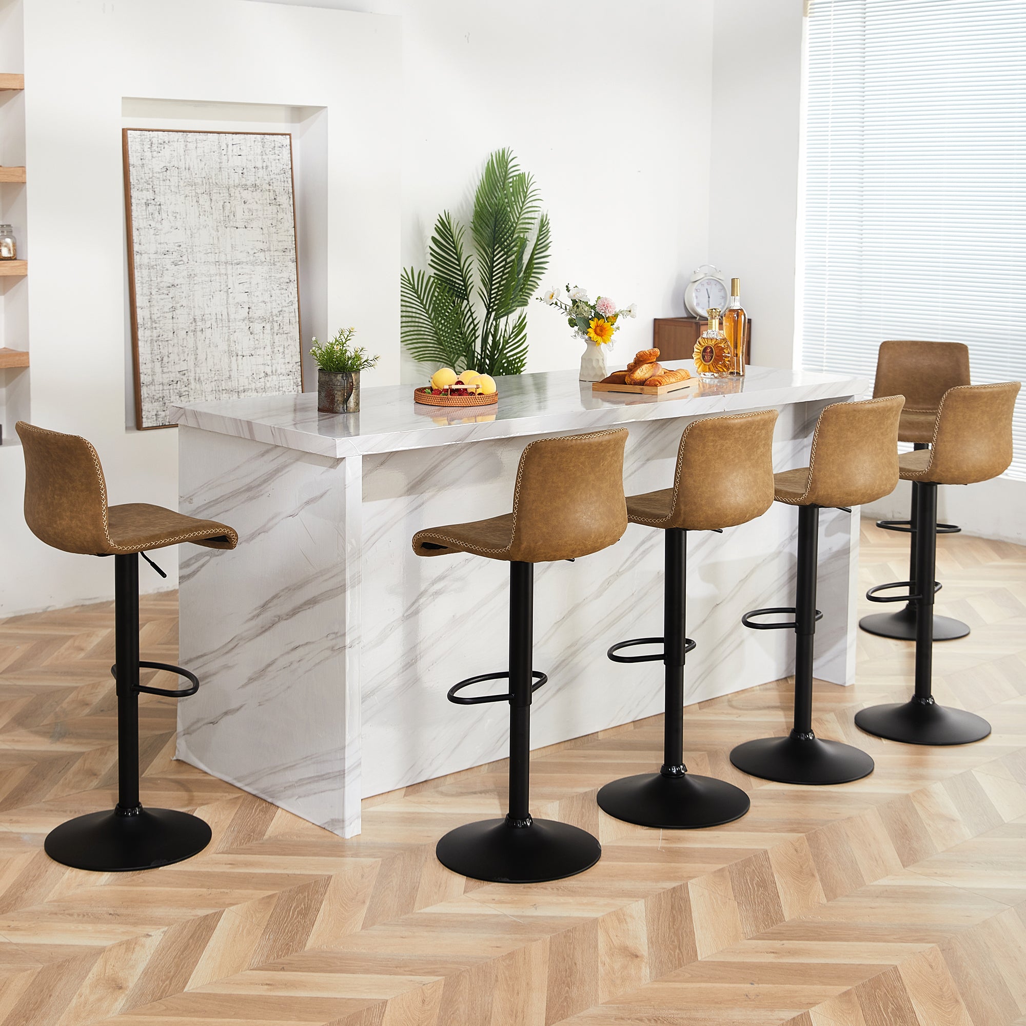 FIRAVOE Swivel Bar Stools Set of 2/3//4/6, Counter Height Bar Stools with Back, Adjustable Bar Stools 24" to 32", Brown Leather Kitchen Barstools Counter Stools Island Bar Chairs
