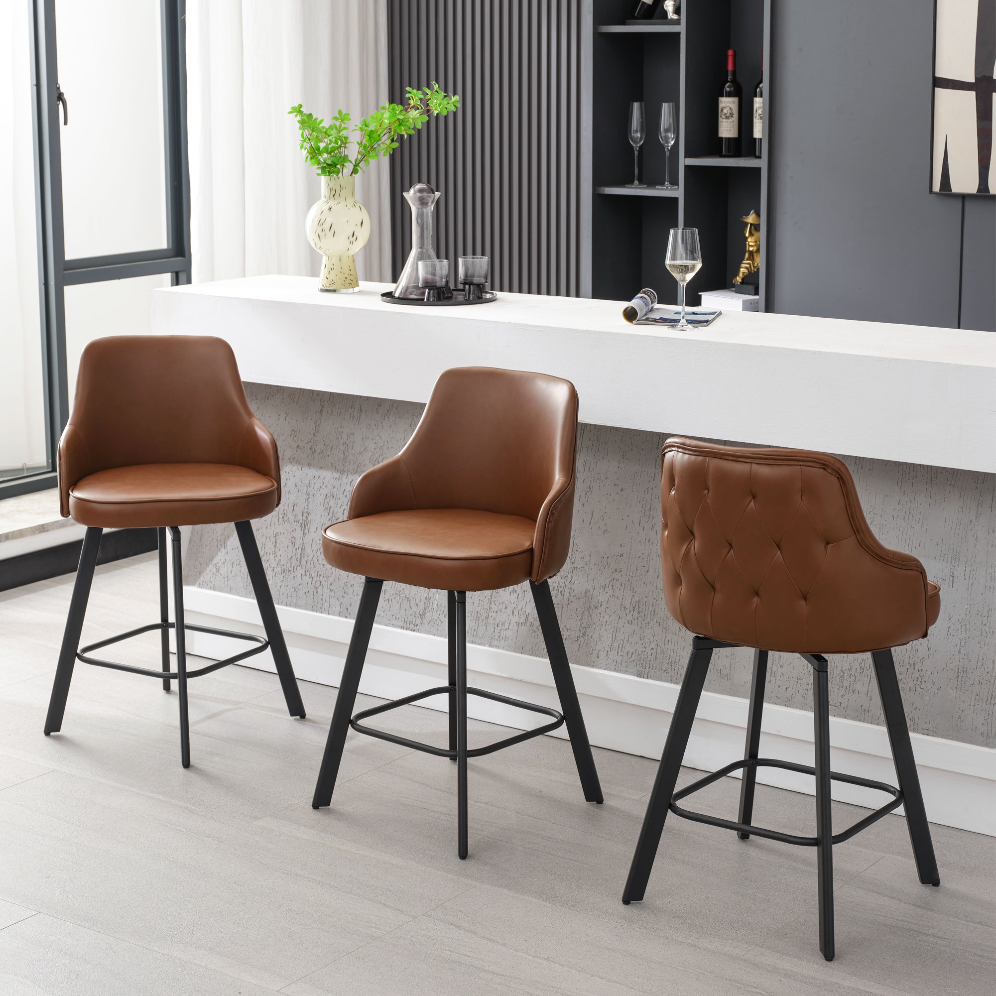 FIRAVOE Bar Stools Set of 2, 26" Swivel Counter Height Bar Stools with High Back, Faux Leather Kitchen Barstools Counter Height for Kitchen Island