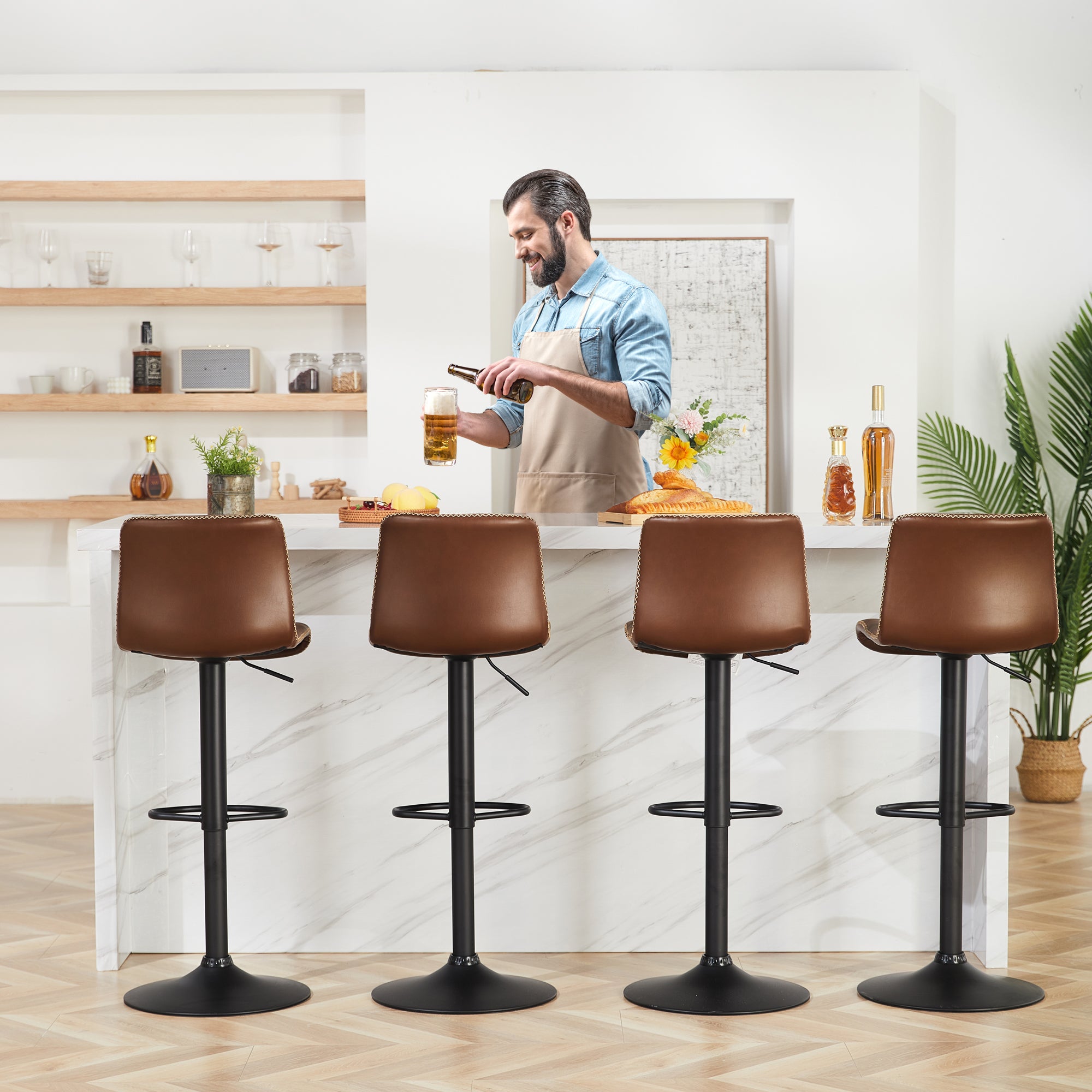 FIRAVOE Swivel Bar Stools Set of 2/3//4/6, Counter Height Bar Stools with Back, Adjustable Bar Stools 24" to 32", Brown Leather Kitchen Barstools Counter Stools Island Bar Chairs