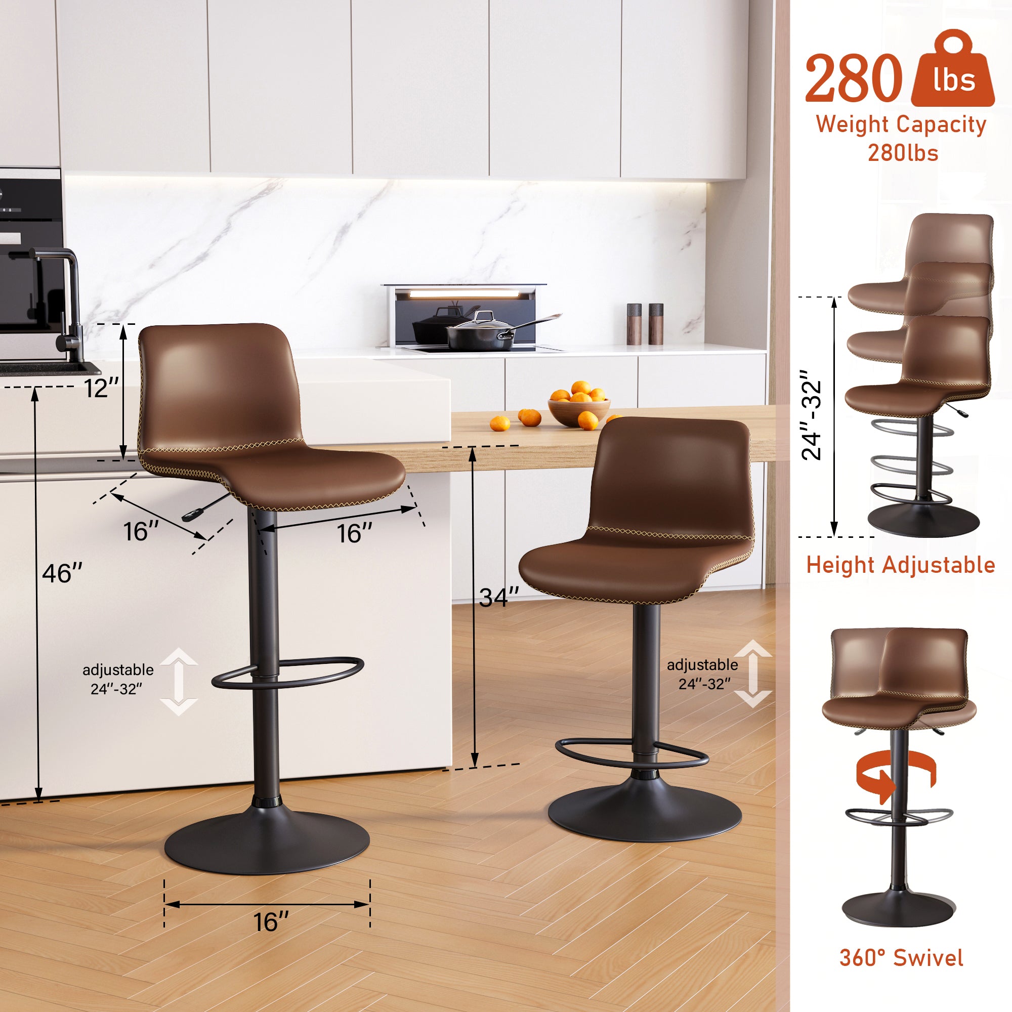FIRAVOE Swivel Bar Stools Set of 2/3//4/6, Counter Height Bar Stools with Back, Adjustable Bar Stools 24" to 32", Brown Leather Kitchen Barstools Counter Stools Island Bar Chairs